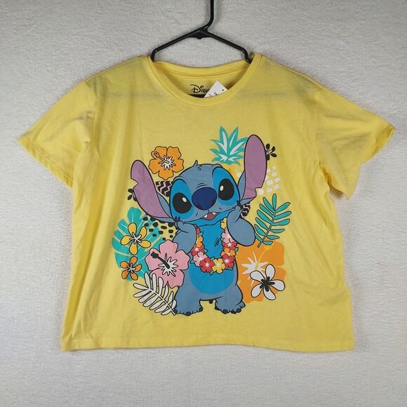 Disney Lilo & Stitch Jr Size Large Crop Crew Neck Tee Shirt Yellow - Picture 7 of 9